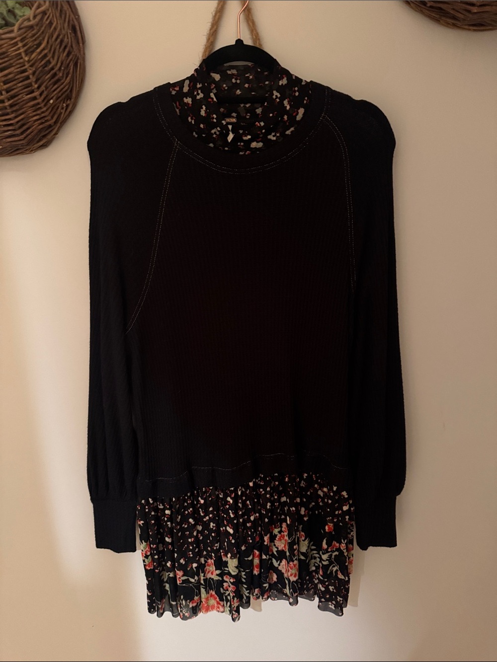 Free People Black Sweater with Floral Hem